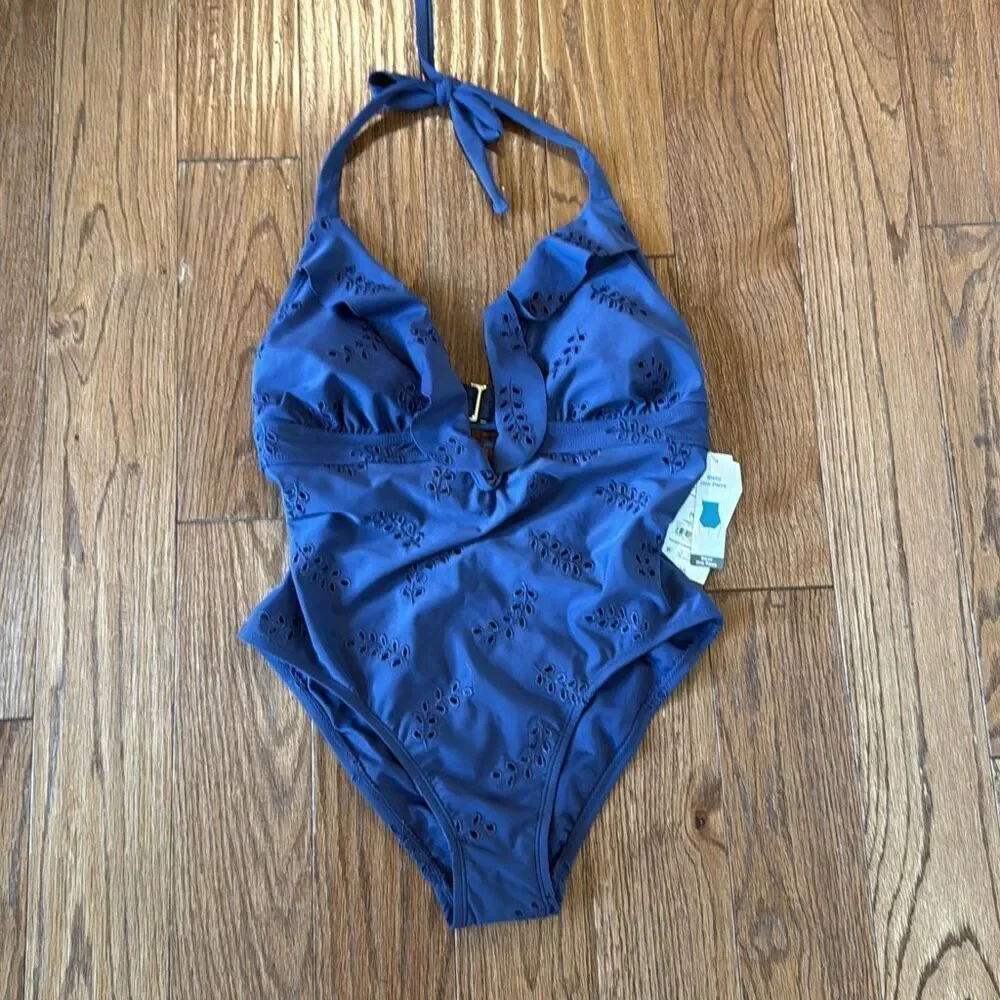 Time and Tru NWT navy eyelet halter one piece swimsuit small